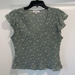 Madewell sage green floral ruffle top
